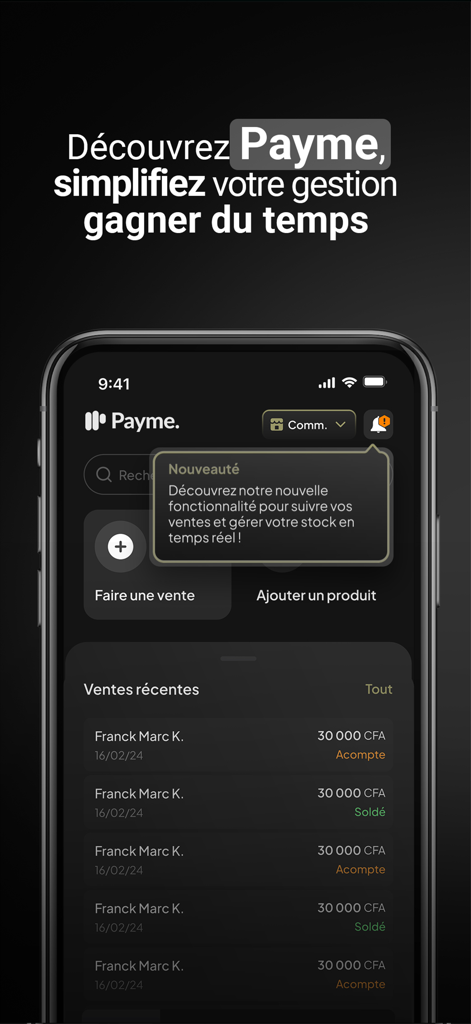 Payme mobile app dashboard showing recent sales tracking and business management tools