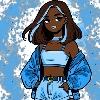 a realistic girl with a crop top and short shorts in an open jacket