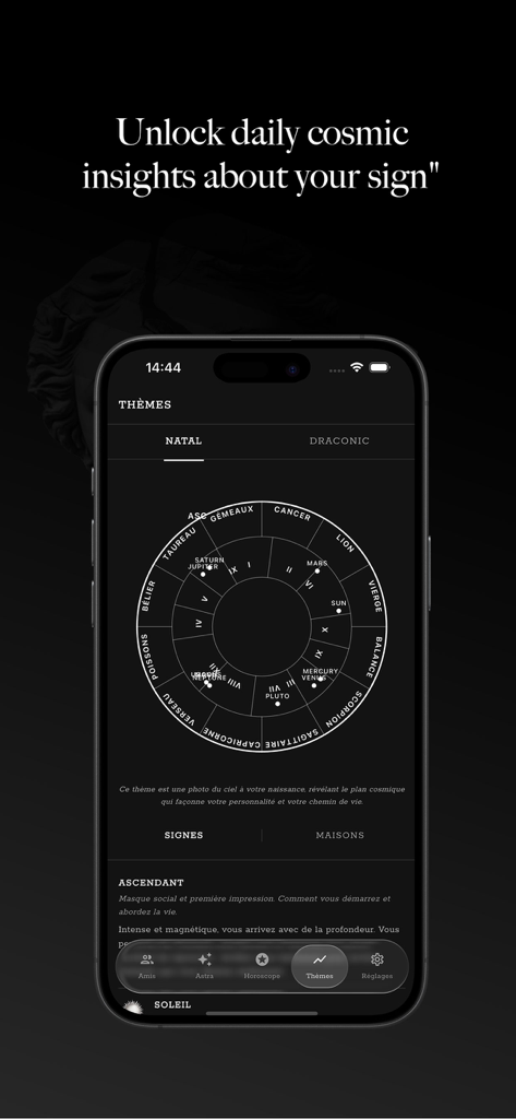 L'application Astraia Astrology affichant un thème natal circulaire avec les positions des signes du zodiaque.