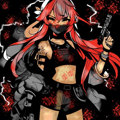bad girl wearing crop top holding a gun long hair anime