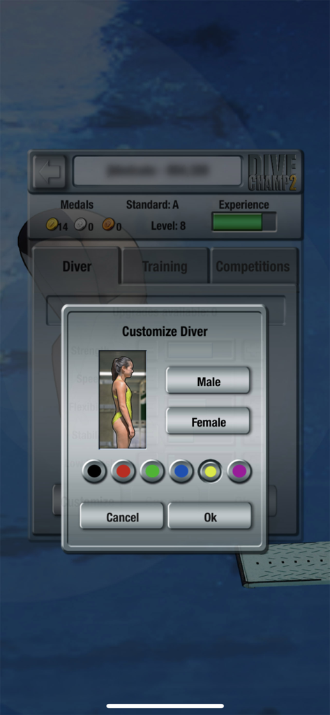 DiveChamp2 - DiveChamp2 customization menu with male and female diver options and swimsuit color selection