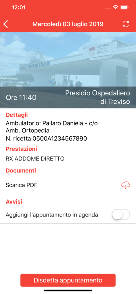 Schermata dell'app mobile che mostra i dettagli dell'appuntamento medico per una radiografia addominale presso l'Ospedale di Treviso, inclusa data, ora e informazioni sul servizio.