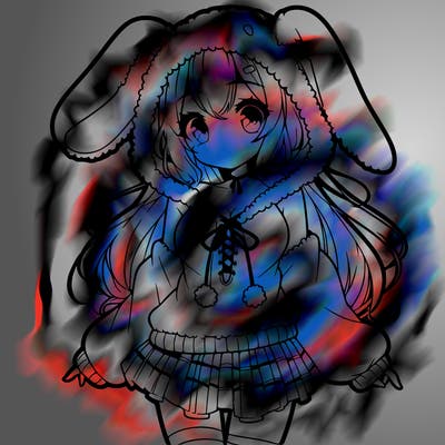 pretty anime girl wearing a fluffy hoodie with bunny ears on the hood and a skirt