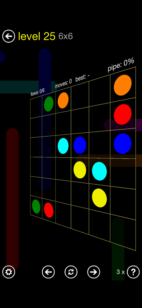 Interfaz del juego Flow Free mostrando un tablero de puzzle de 6x6 con puntos de colores sobre un fondo negro