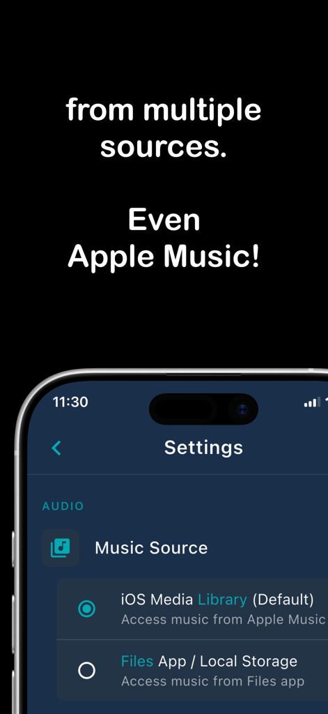 Cadance Dance Tempo Control - Écran des paramètres de l'application Cadance montrant les options de source musicale, y compris Apple Music et le stockage de fichiers locaux.