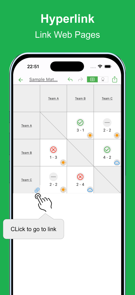 Simple MatchTable - Mobile app interface showing a sports match table with a hyperlink feature for linking web pages to scores
