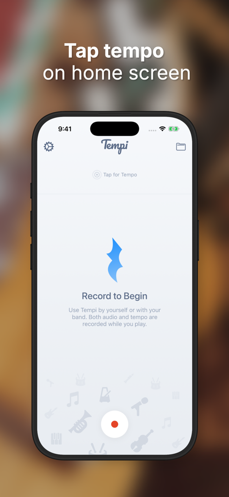 Tempi: BPM Counter & Detector - Schermata principale dell'app Tempi che mostra la funzione tap tempo e il pulsante di registrazione per i musicisti.