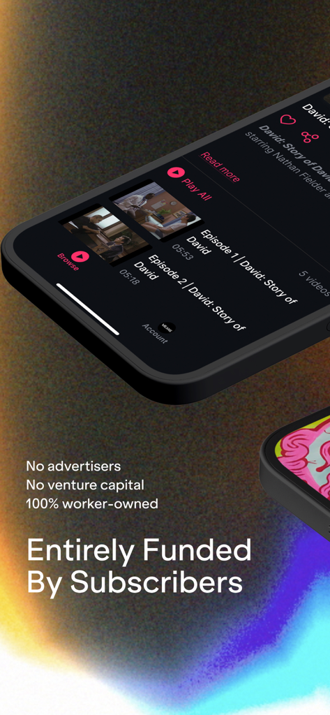 A smartphone showing the Means TV app interface with text highlighting its 100% worker-owned and subscriber-funded model.