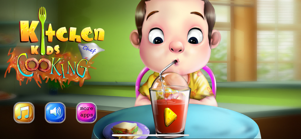 Cooking Chef: Master Kitchen - Schermata del menu principale del gioco Kitchen Kids Cooking Chef con un bambino cartone animato che beve un frullato e un panino