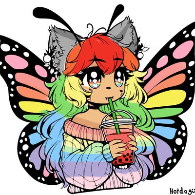 a realistic butterfly/furry girl drinking boba