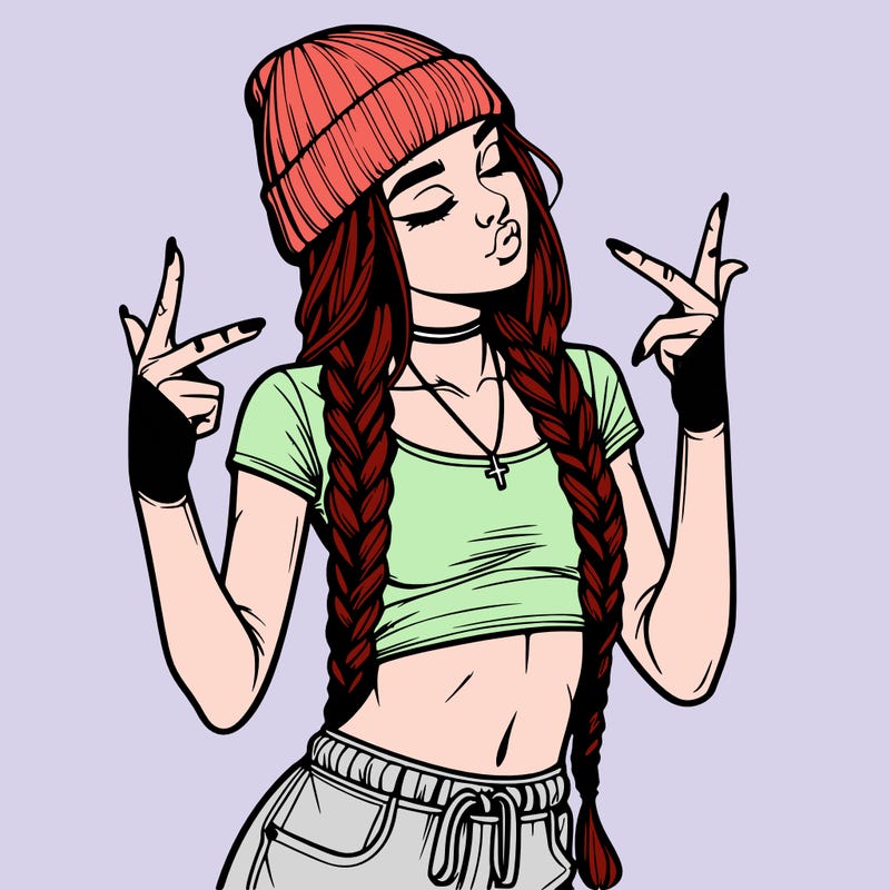 realistic teenage girl with braids and a beanie and crop top doing 🫶🏼