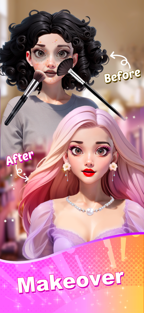 Sara's Secret : Merge&Makeover - Before and after character makeover transformation in Saras Secret game