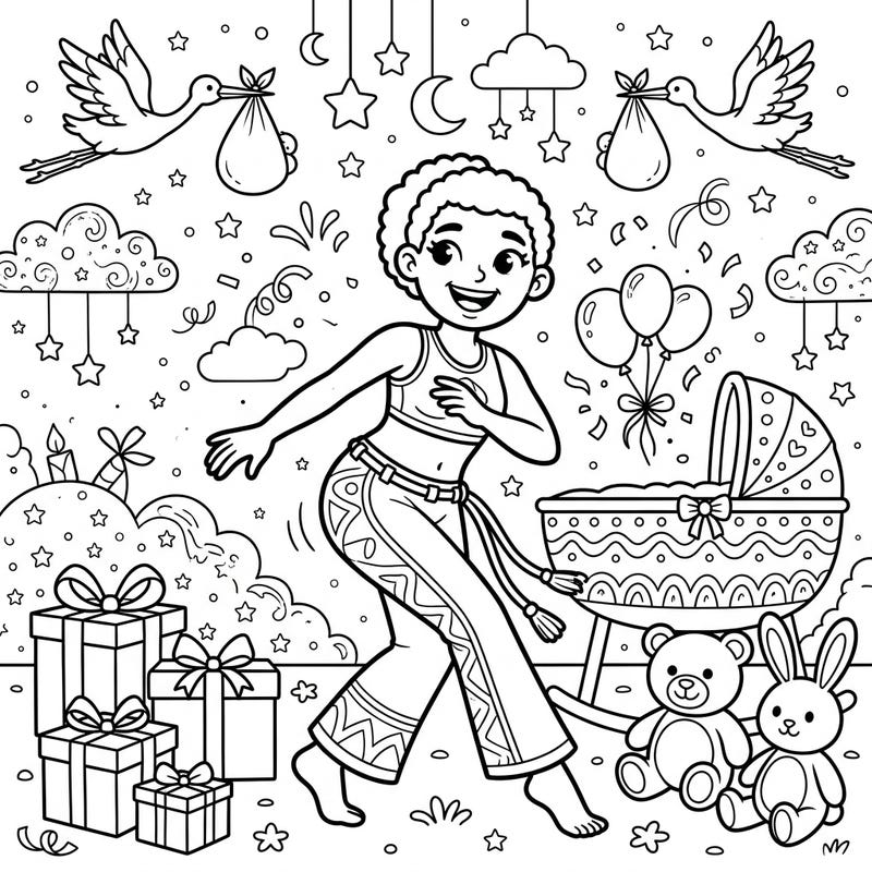 Experience a unique blend of culture and celebration with this Capoeirista Baby Shower coloring page. Bring to life a joyful scene filled with dance, gifts, and adorable baby elements.