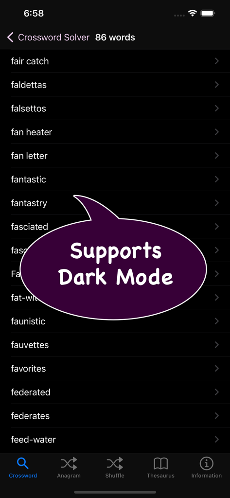The Crossword and Anagram Solver app interface shown in dark mode with a list of word results.