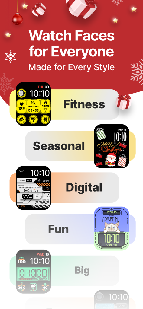 Showcase of various smartwatch face designs from Facer including fitness and seasonal styles