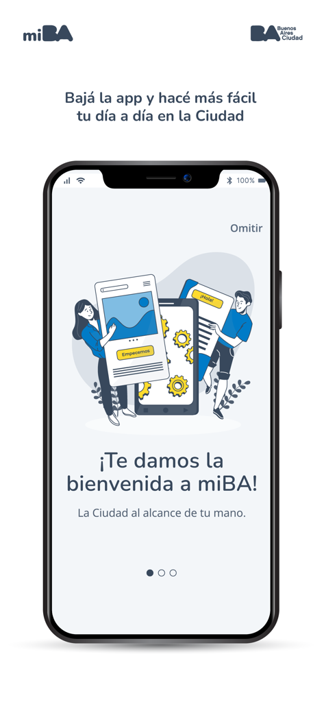 miBA - Welcome screen for the miBA app showing digital government services for Buenos Aires.