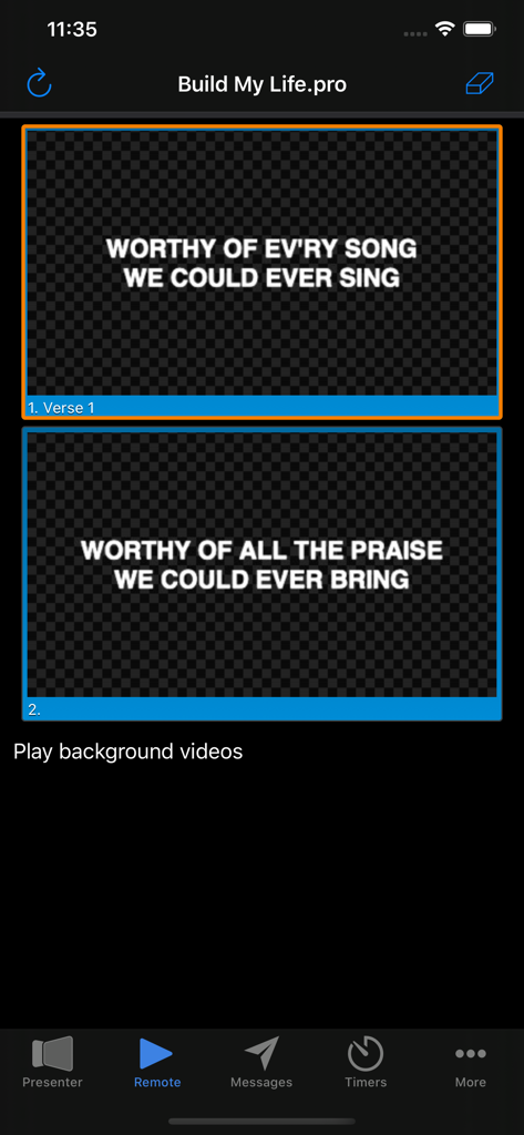 ProPresenter Remote Classic - ProPresenter Remote Classic app interface showing worship song lyrics slides on a mobile device