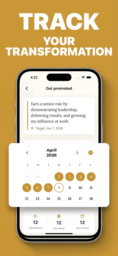 Manifest AI-Daily Affirmations - Manifest AI app displaying a twelve day streak and progress toward a career promotion goal.