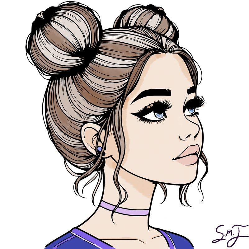 realistic girl with buns on the top of her head