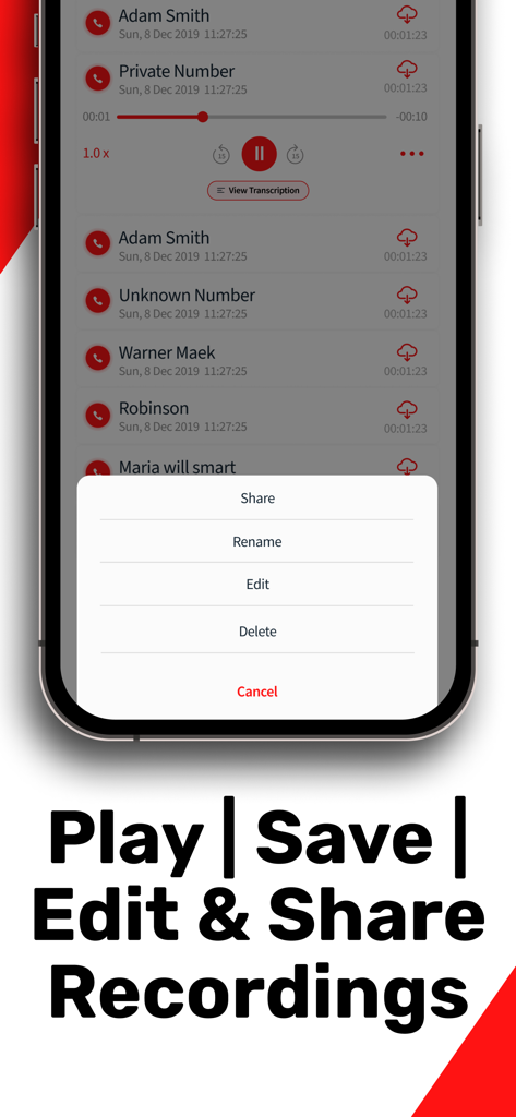 Interface of the ACR MyCalls app on iPhone showing options to share rename and edit phone call recordings