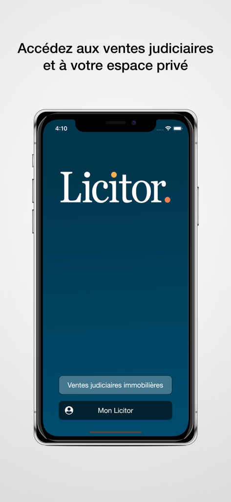 Licitor - Licitor app welcome screen with options for judicial real estate sales and personal account login.