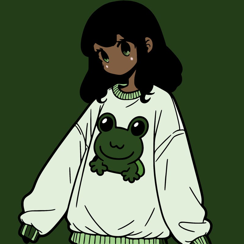 girl wearing frogging sweatshirt