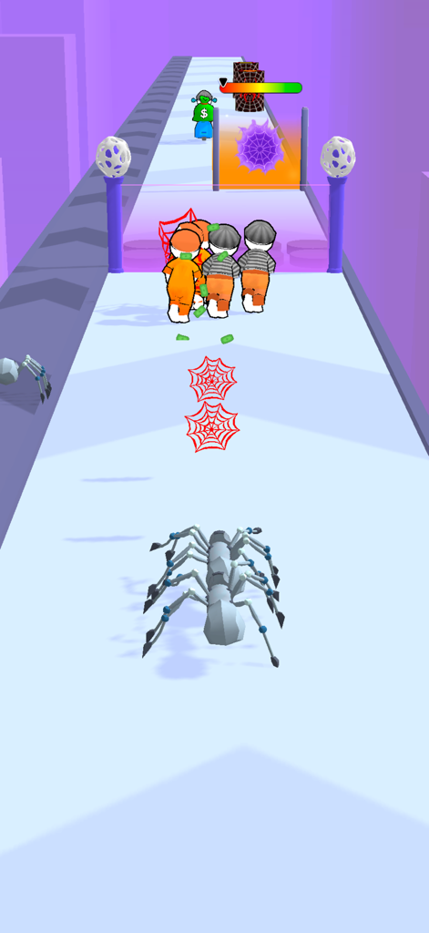 Spider Evolve n Shoot - A mechanical spider shooting webs at enemies in a runner game track with gates