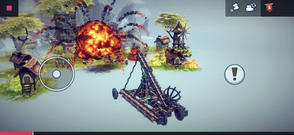 A wooden siege engine in Besiege Mobile firing at a village and creating a large explosion.