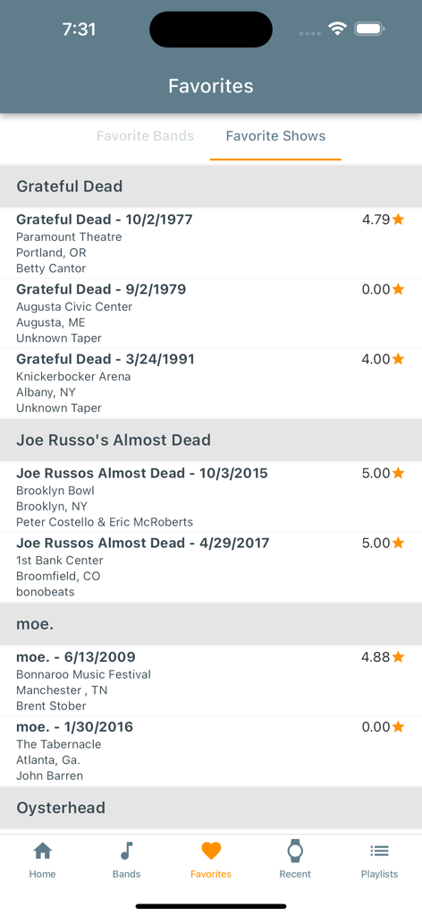 Taper's Section - Screenshot of the Favorites screen in the Taper's Section app displaying a curated list of live concert recordings from bands like the Grateful Dead and moe.