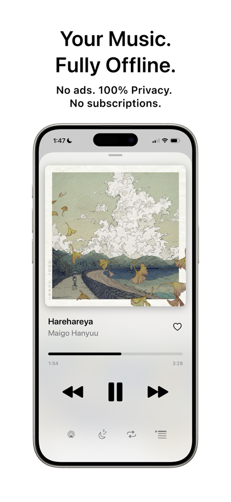 Tuneo: Offline Music Player - Tela de reprodução do reprodutor de música offline Tuneo no iPhone mostrando a arte do álbum e os controles de reprodução