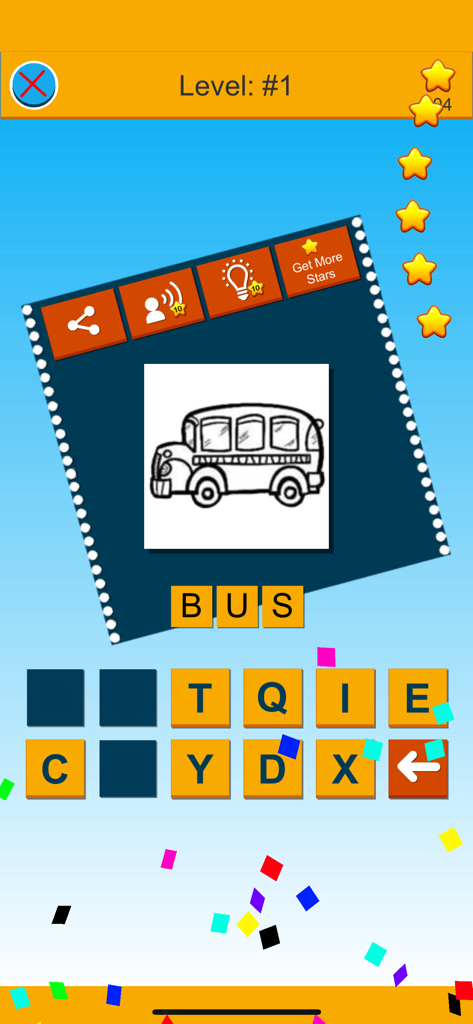Simple Spelling Game - Educational spelling game interface showing a drawing of a bus and the word bus spelled out with letter tiles