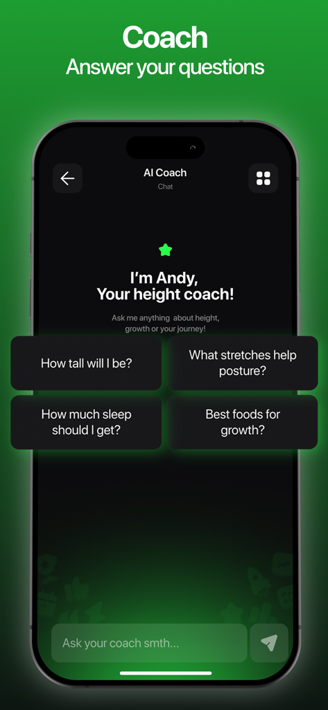 GoTall app AI height coach screen showing Andy answering growth questions