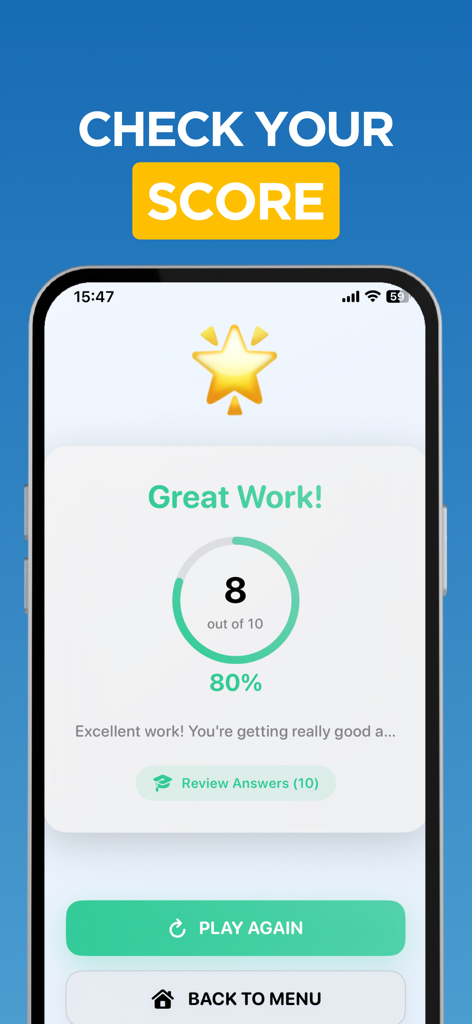 Multiplication, times tables - Results screen in the multiplication app showing a score of 8 out of 10 and a gold star reward