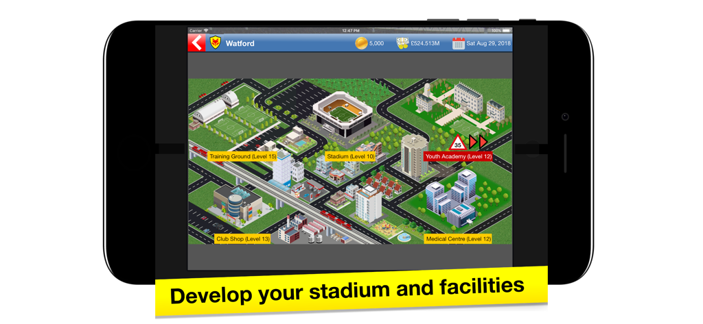 Top down view of soccer club stadium and training facilities