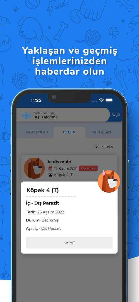 Kolayvet - Kolayvet app interface showing pet vaccination schedule and overdue parasite treatment records