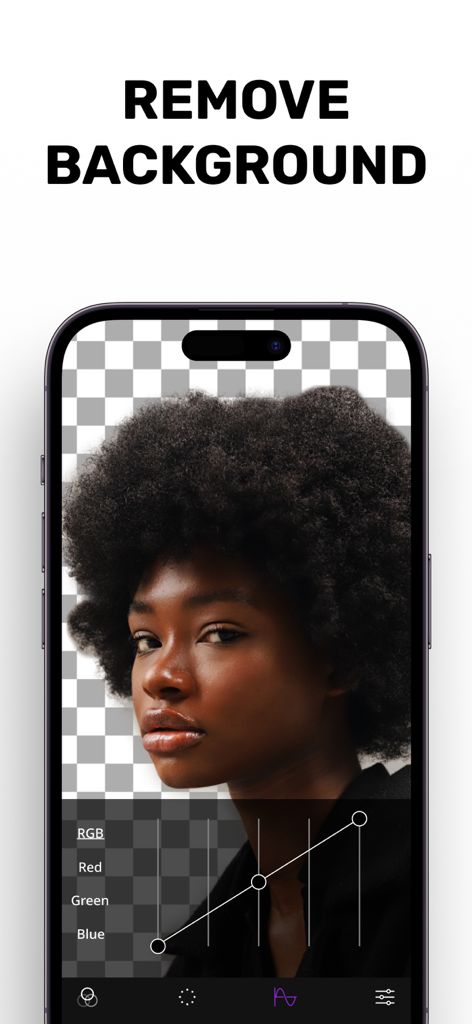 Pantalla de smartphone que muestra la función de eliminación de fondos de Goru AI con el retrato de una mujer