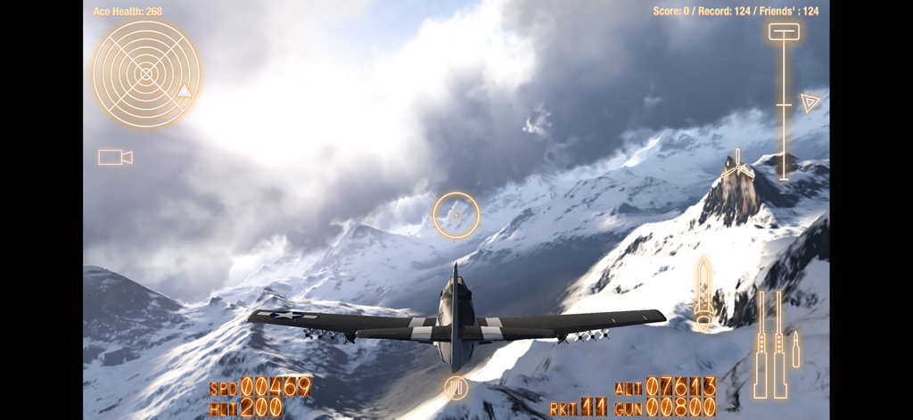 Alliance: Air War - Alliance Air War gameplay showing a WWII fighter plane flying over snowy mountains with HUD elements