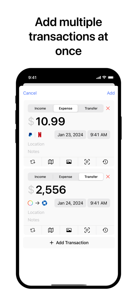 Simple‎ - Interfaz de la aplicación Simple que muestra campos para agregar múltiples transacciones, incluyendo un gasto y una transferencia.