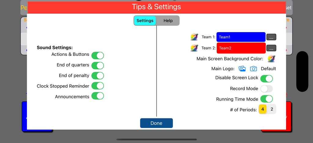 The settings menu of the LAX Keeper app showing options for sound alerts team colors and game period settings