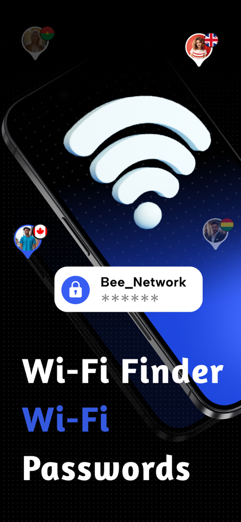 WiFi on Map : WiFi Finder - Interface of the WiFi Finder app showing available Wi-Fi passwords and global hotspots