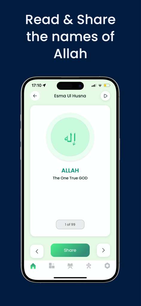 Muslim AI Prayer Times Athan - Screenshot of the Muslim AI app showing the 99 Names of Allah feature with a share button and navigation controls.