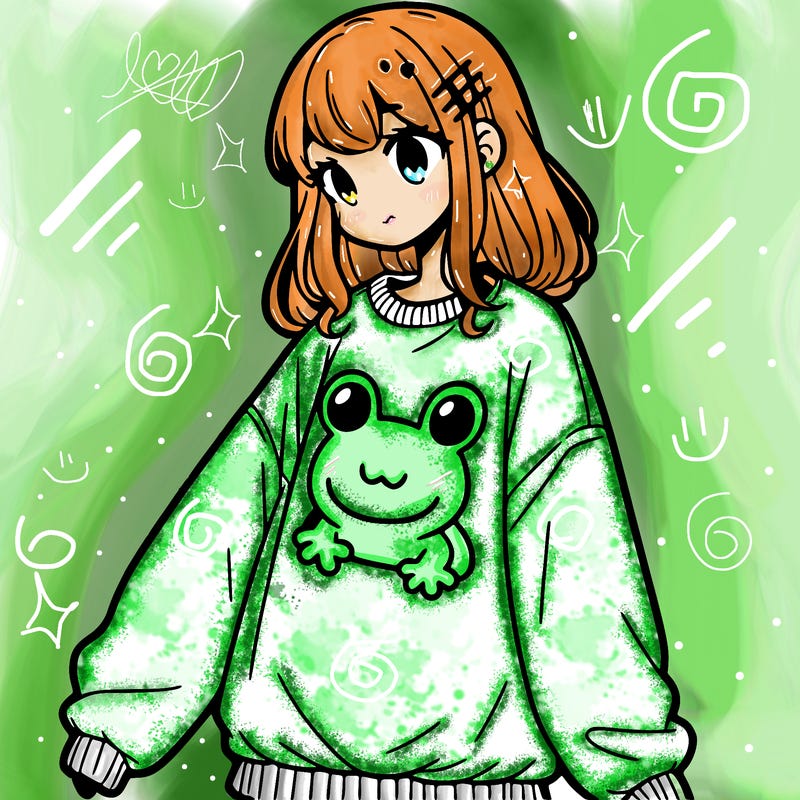 girl wearing frogging sweatshirt