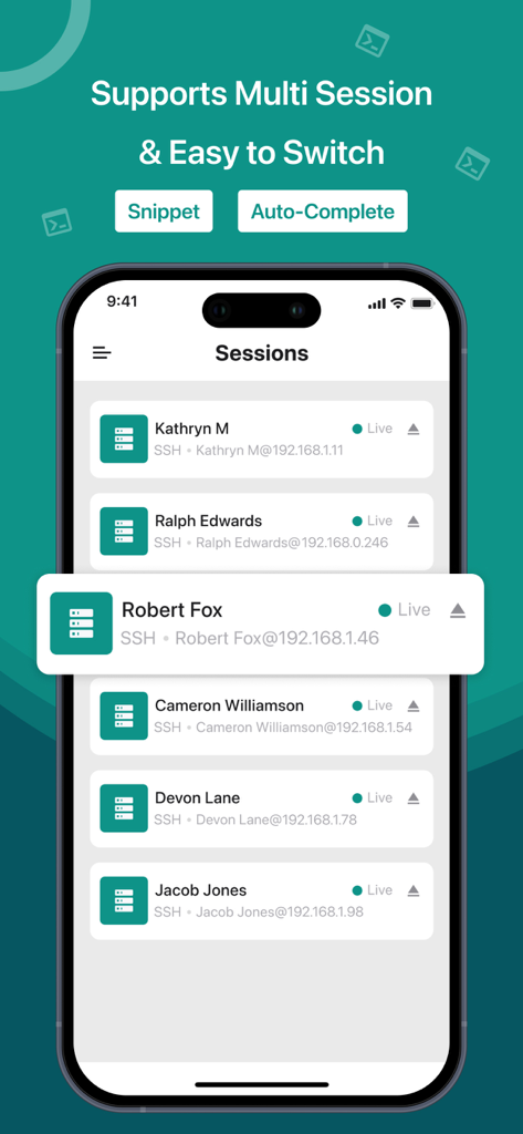 SSH, SFTP Client, iSH, Putty - Mobile application screen showing multiple active SSH server connections