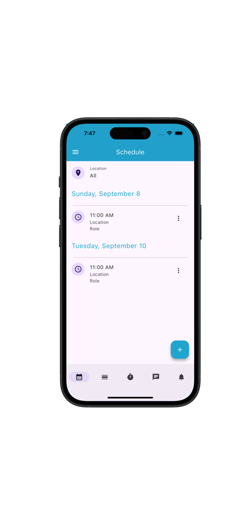 StaffLinQ - StaffLinQ mobile app schedule screen displaying shift dates and times for hourly employees.