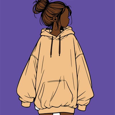 realistic girl with a oversized sweatshirt on and a bun