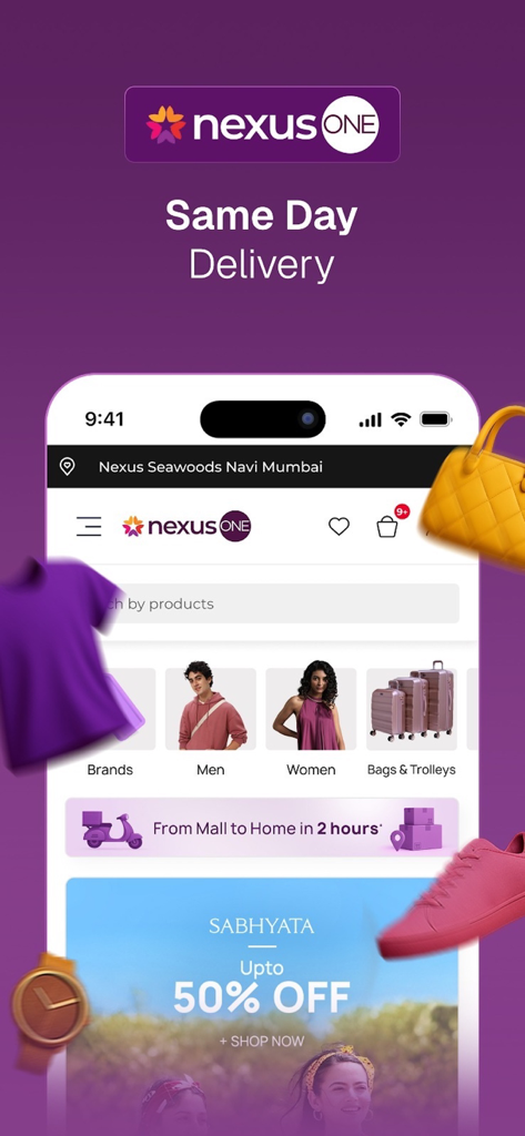 nexusONE - The nexusONE app interface featuring same day delivery from malls and various shopping categories