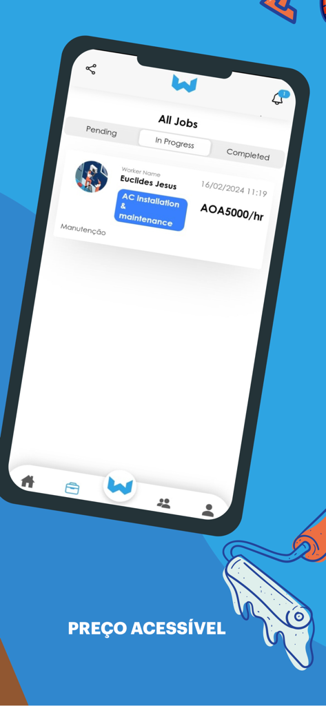 Work - Screenshot of the Work app displaying an in-progress AC installation service with affordable hourly pricing