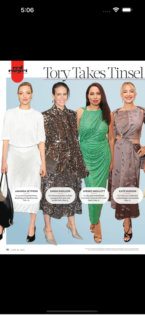 Us Weekly magazine feature showcasing celebrity red carpet fashion with Amanda Seyfried and other stars.