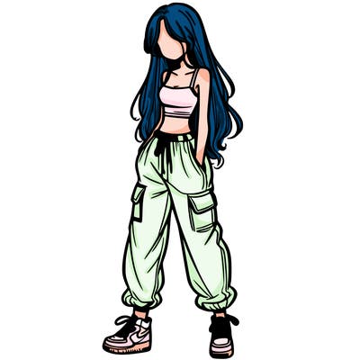 girl in baggy pants crop top and long hair