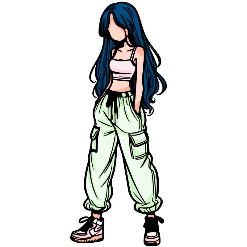 girl in baggy pants crop top and long hair